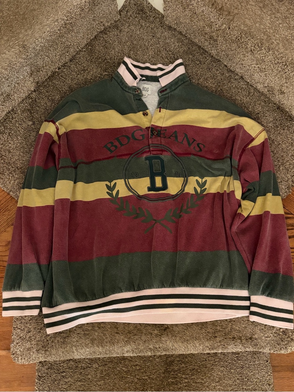 BDG Striped Crewneck Sweater in Green, Burgundy & Yellow